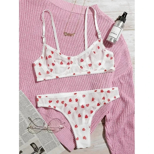Ingeborg Heart Print Sheer Mesh Underwire Bra & Brief Lingerie Two-piece