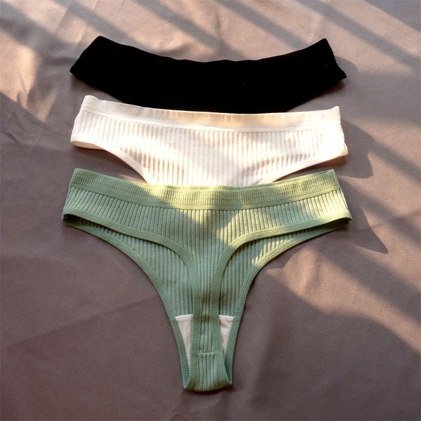 Mirelle Ribbed Cotton Thong Pack Lingerie 3-piece