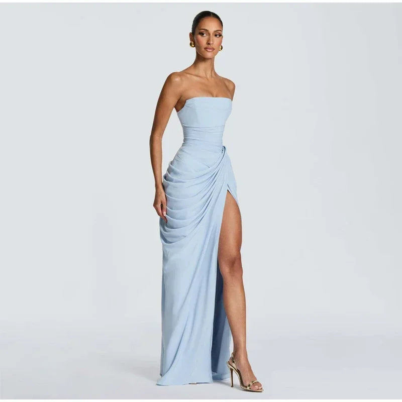 Elise Strapless Pleated Slit Maxi Dress