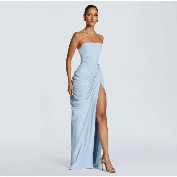 Elise Strapless Pleated Slit Maxi Dress