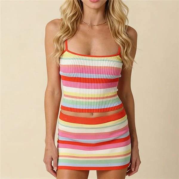 hirigin Womens Rainbow Stripe Ribbed Knit 2 Piece Outfit Spaghetti Strap Crop Top+Mini Skirt Set Bodycon Summer CasualStreetwear