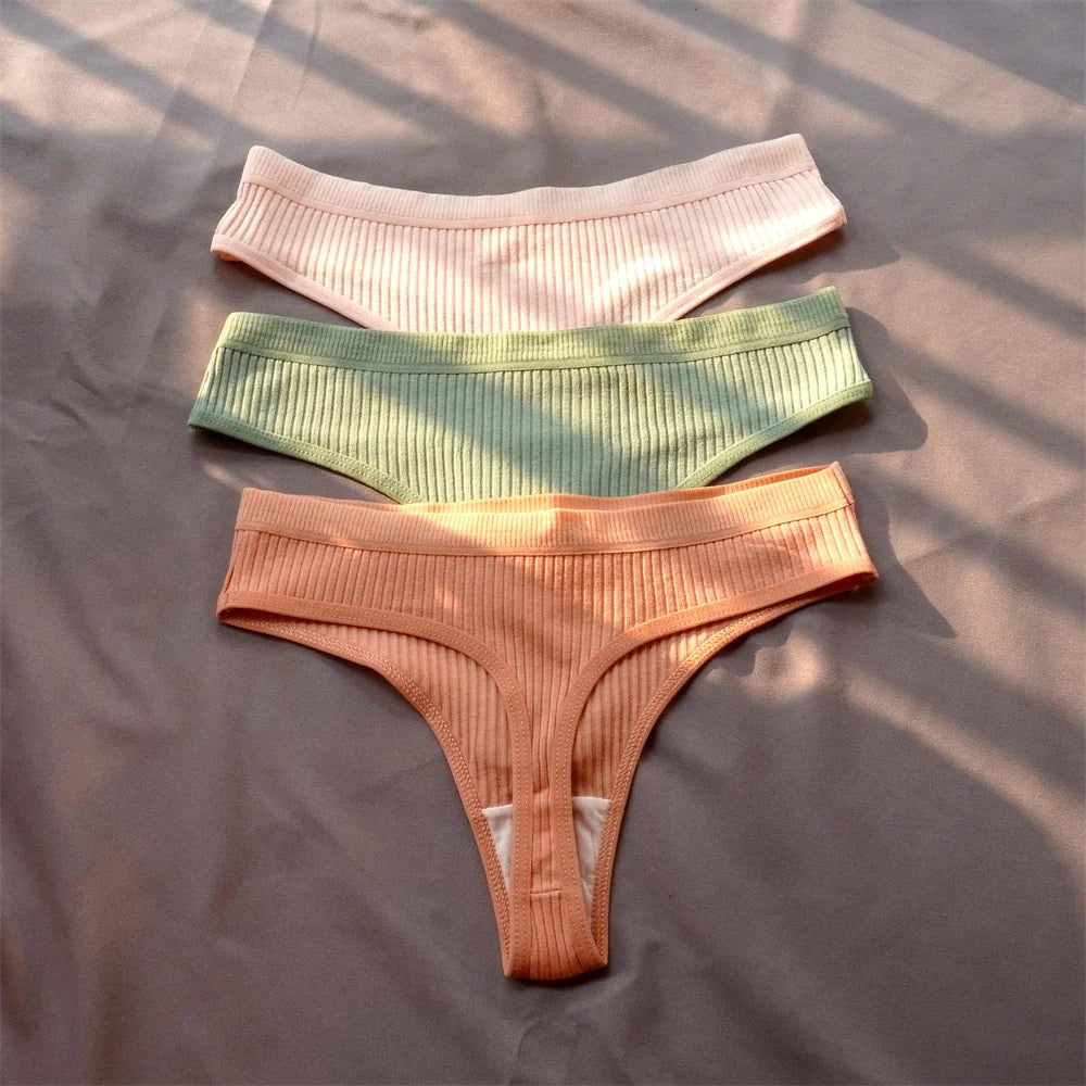 Mirelle Ribbed Cotton Thong Pack Lingerie 3-piece