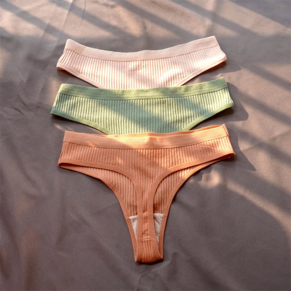 Mirelle Ribbed Cotton Thong Pack Lingerie 3-piece
