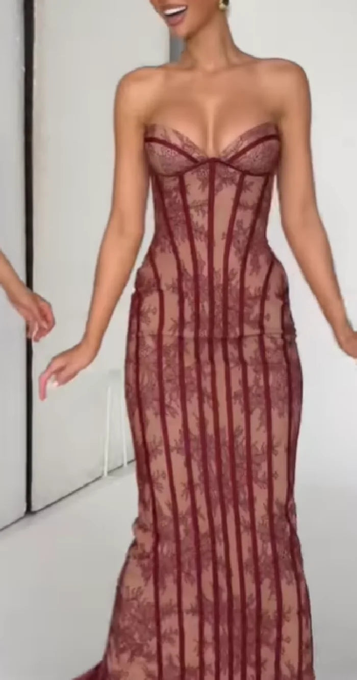 Zenobia Striped Floral Strapless Corset Backless Dress