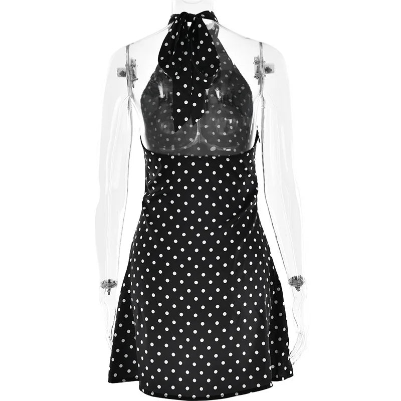 Hyacinthe Polka-Dot Tie-Halter Backless A-Line Mini Dress