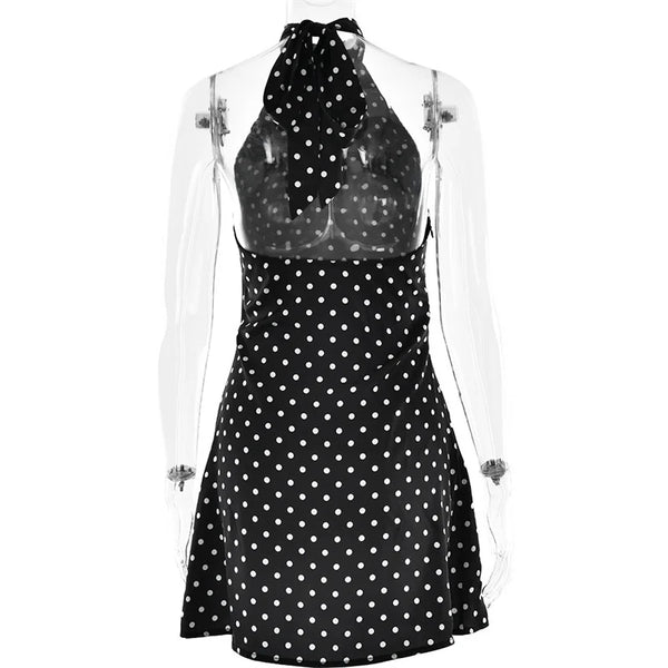 Hyacinthe Polka-Dot Tie-Halter Backless A-Line Mini Dress