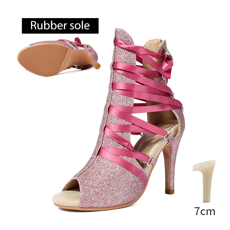 DKZSYIM Women Dance Boots Girls Ladies Jazz Dancing Shoes Thin Heels Glitter Shining Latin Indoor Party Dance Shoes Personalized