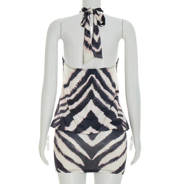 Zephyra Zebra Halter Backless Bodycon Mini Dress
