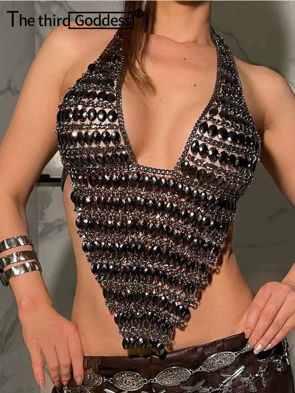 Lumiere Rhinestone Metal Halter Crop Top