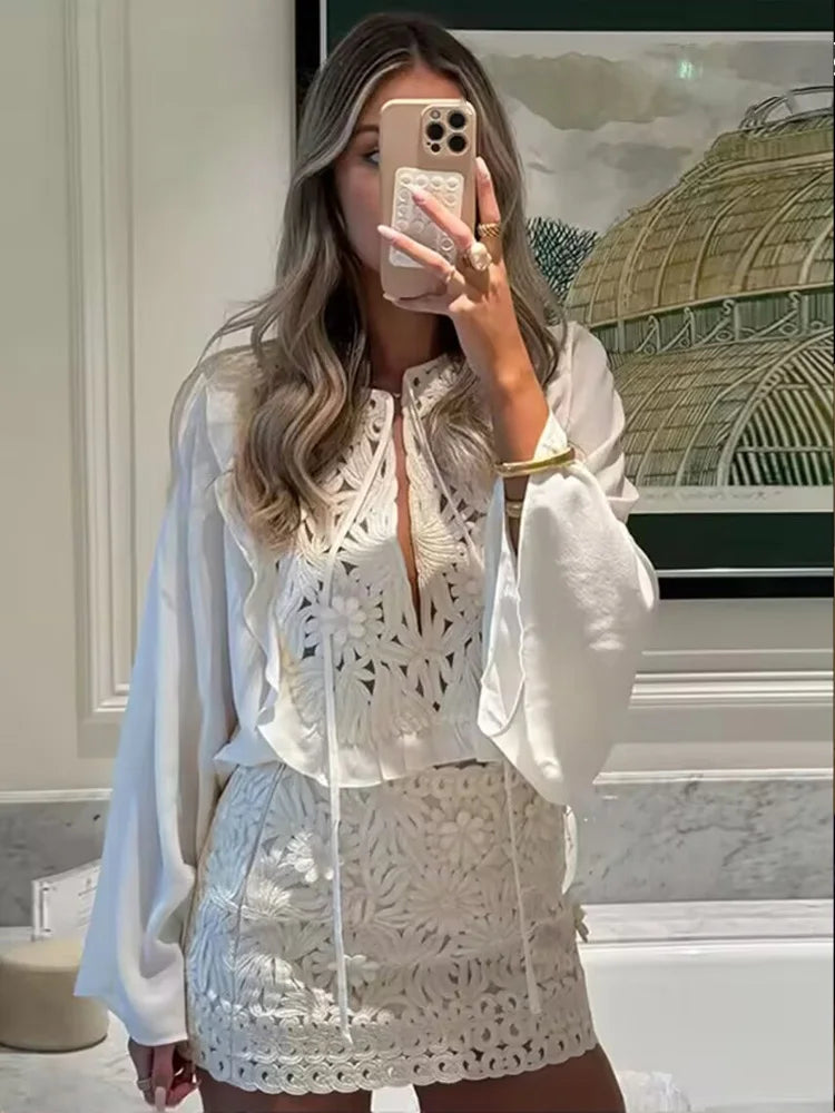 Evangelina Embroidered Lace Bell-Sleeve Tie-Neck Blouse & Mini Skirt Two-piece