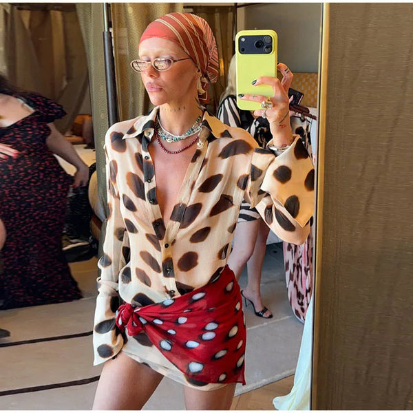 Fashion Printed Detachable Scarf Shirt Dress Women Flare Sleeve Single Breasted Mini Dresses 2026 Summer New Lady Vacation Wear