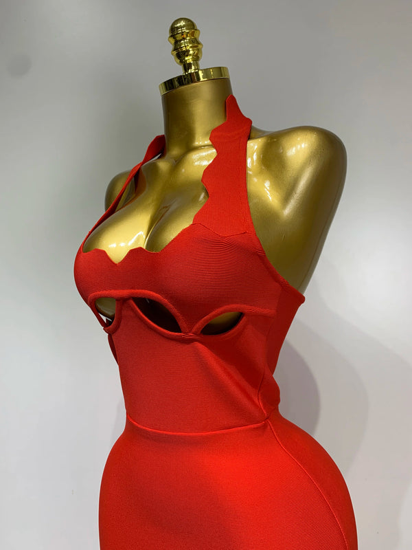 Ornella Scalloped Cutout Halter Bandage Maxi Dress