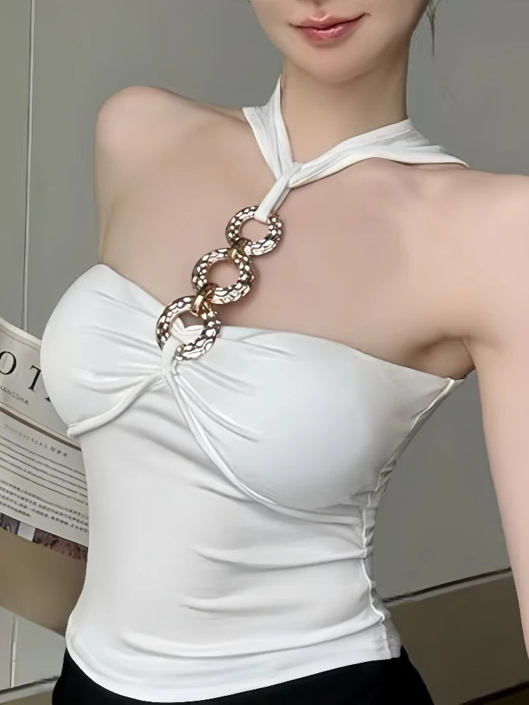 Selena Ivory Chain-Link Halter One-piece