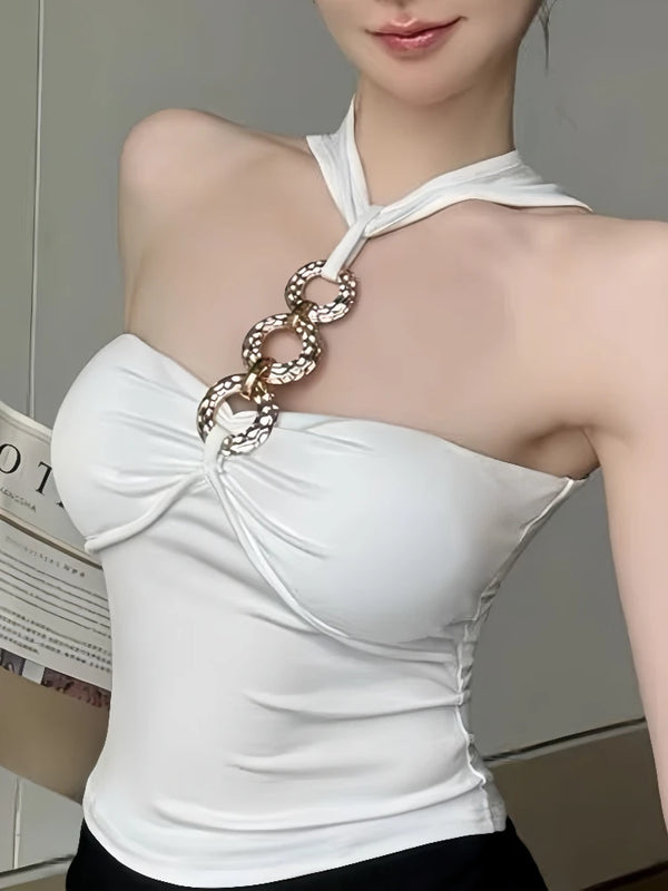 Selena Ivory Chain-Link Halter One-piece