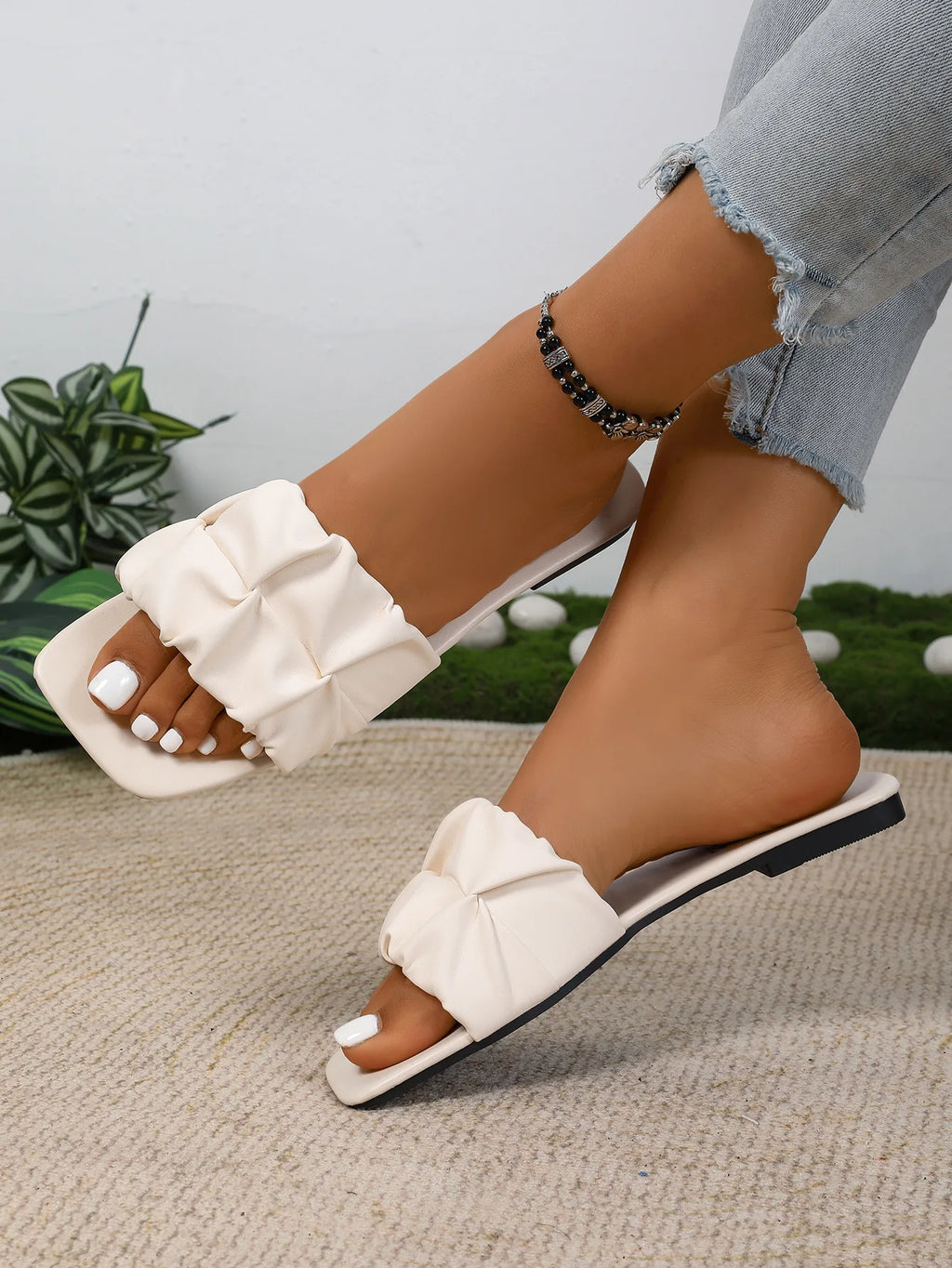 Paulette Ruched Square-Toe Flat Slide Sandals