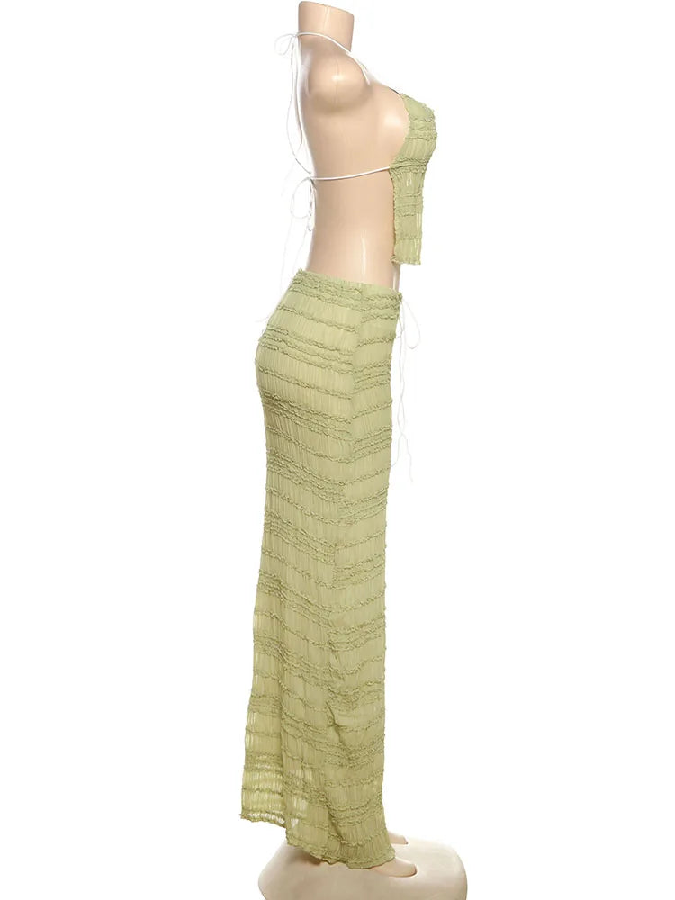 Oksana Sheer Crinkle Mesh Halter Lace-Up Crop Top & Maxi Skirt Two-piece
