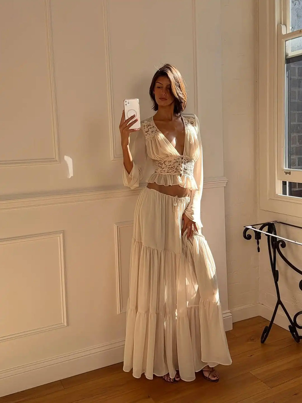 Aurelia Chiffon Lace Long-Sleeve Maxi Skirt Set Two-piece