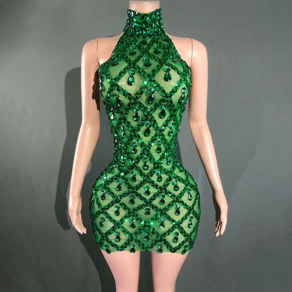 Elettra Rhinestone Sequin Lattice Sheer Mesh Mock-Neck Mini Dress