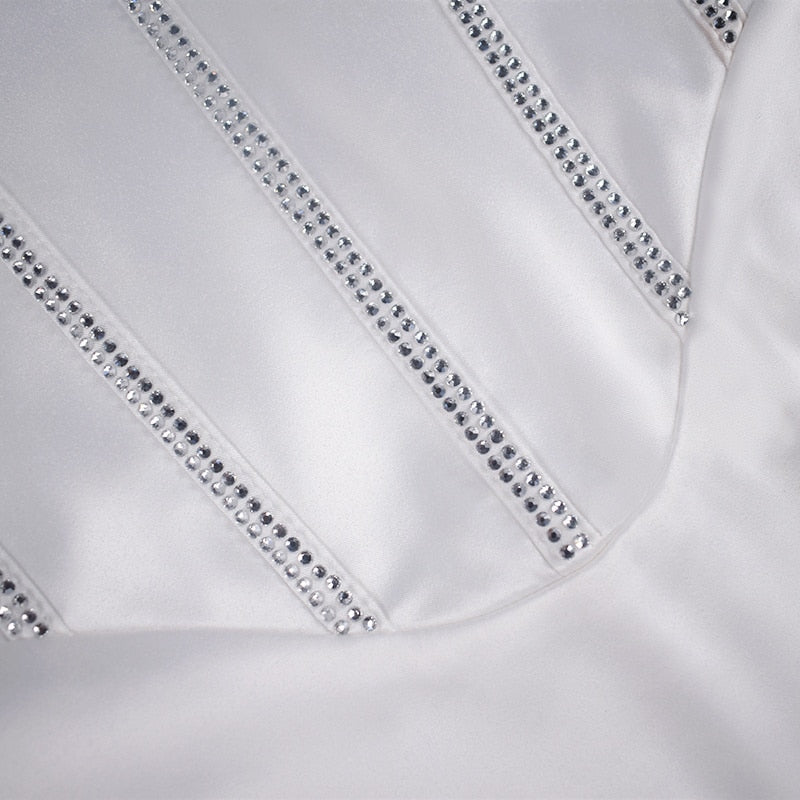 Zoctuo Rhinestone Satin Dresses Boned Low Cut Silky Spaghetti Strap Side Split 2 Deck Ruched Pads Backless Midi Summer Vestidos