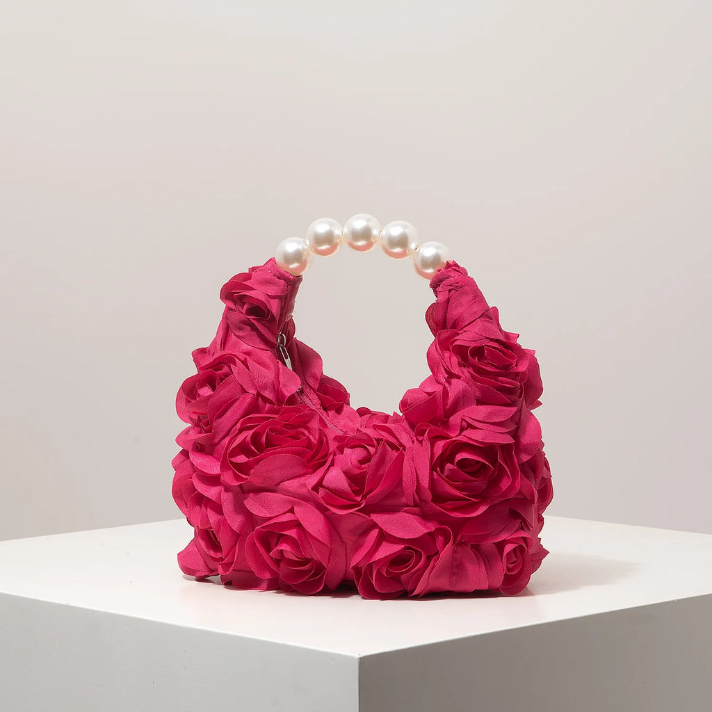 Rosalind Satin Rosette Pearl-Handle Half-Moon Evening Bag
