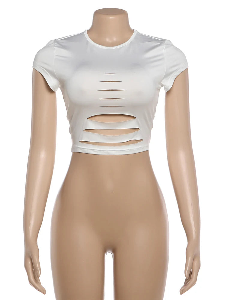 Kliou Sexy Hollow Design T-Shirts Woman Summer Trend o-Neck Mini Sleeve Navel Exposed Hot Girls High Street Style Classic Tees