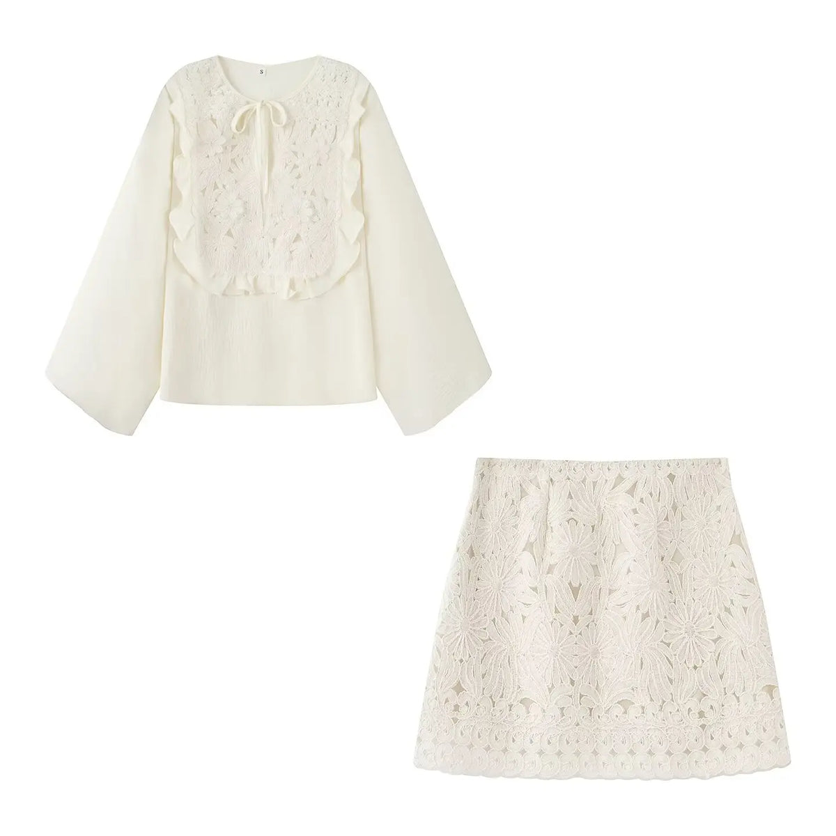 Evangelina Embroidered Lace Bell-Sleeve Tie-Neck Blouse & Mini Skirt Two-piece