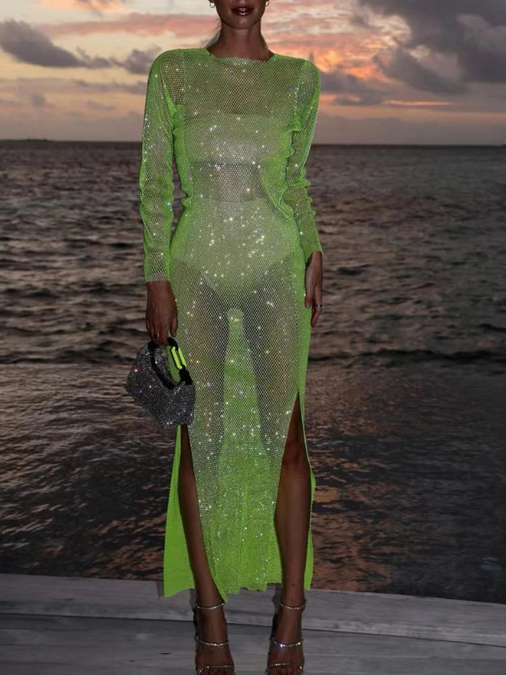 Petra Rhinestone Fishnet Sheer Maxi Dress