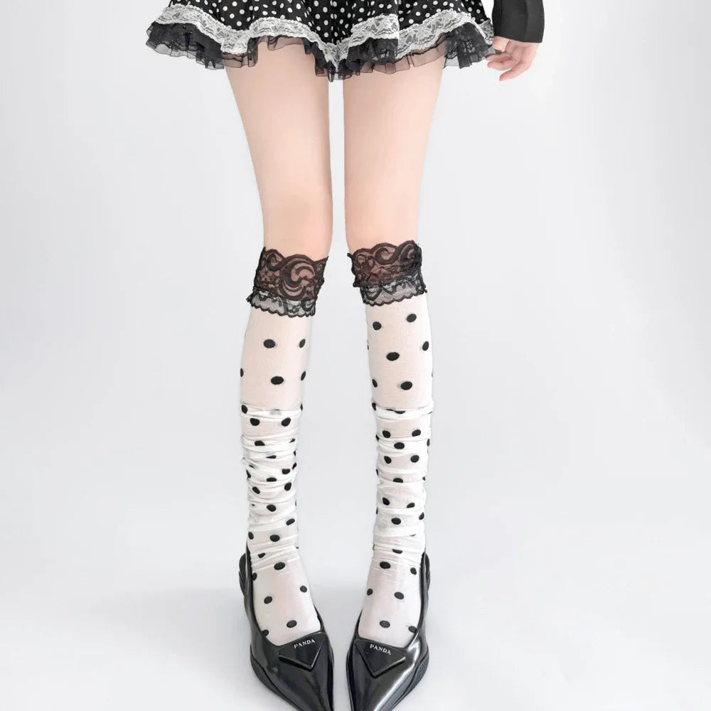 Colette Polka-Dot Lace-Trim Thigh-High Stockings