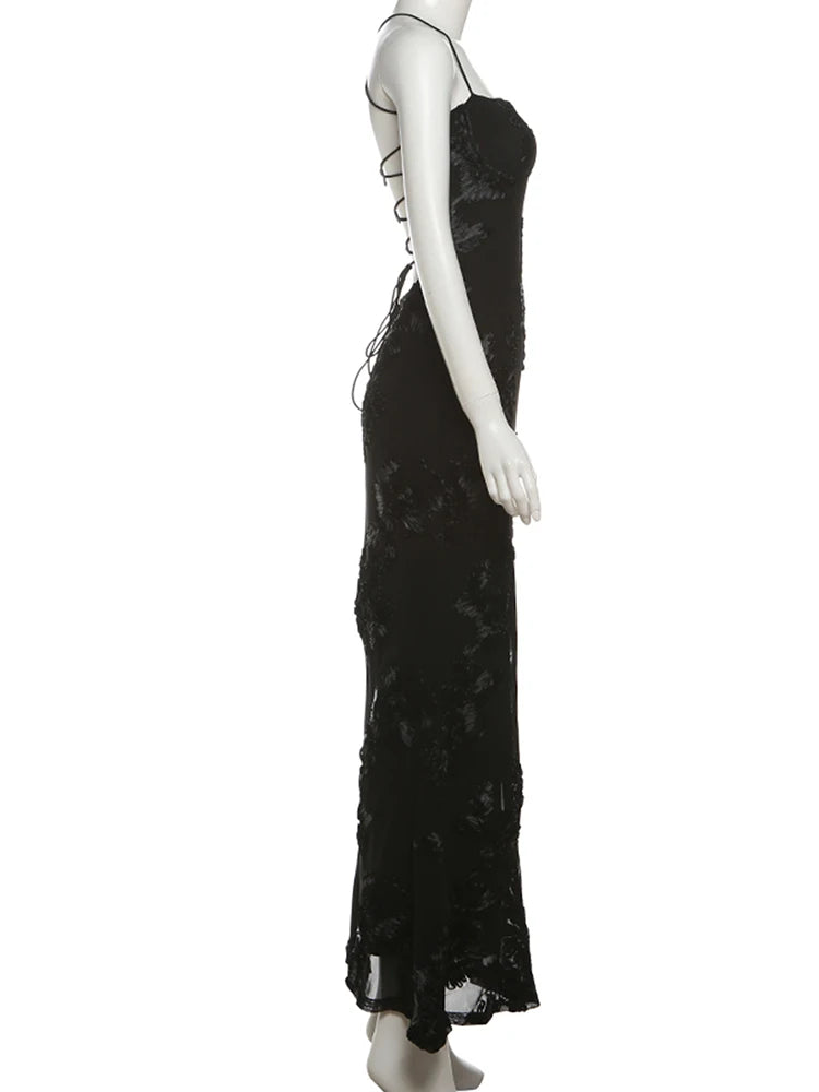 Isabella Spaghetti Strap Floral Embroidered Bodycon Maxi Dress