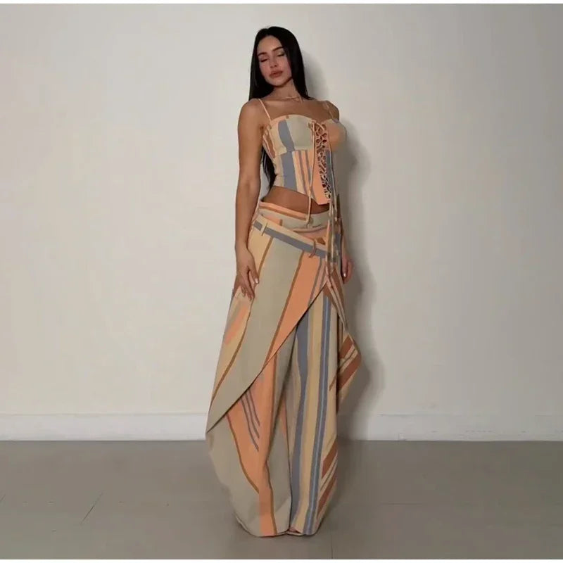 Valentina Striped Lace-Up Tube Top & Wrap Wide-Leg Pants Two-piece