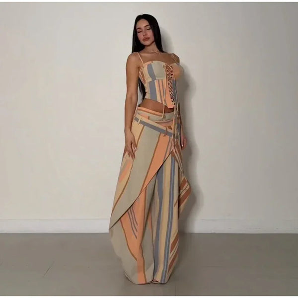 Valentina Striped Lace-Up Tube Top & Wrap Wide-Leg Pants Two-piece