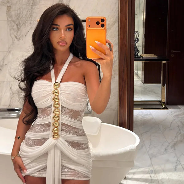 Rosalie Lace Mesh Halter Mini Dress