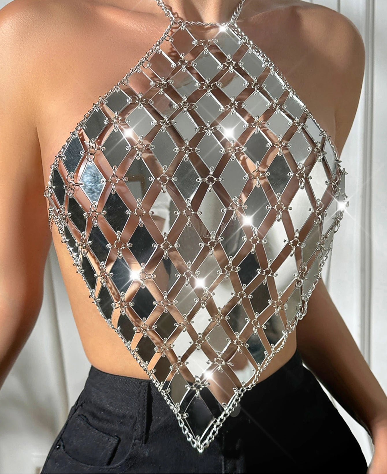 Sexy see through metal sequin crop top summer women y2k clothes halter tank top rave festival outfit cropped club party tops hot Main image