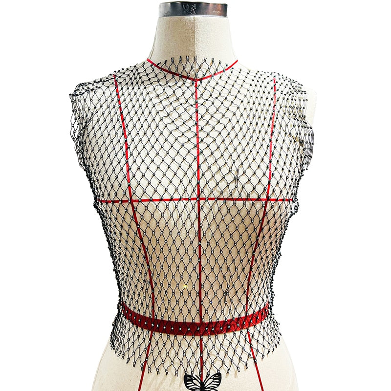 Leqoel Sexy Mesh Crop Tops for Women 2022 Summer Rhinestones Fashion Party See Through Fishnet Tank Hollow Out Backless Top New Secondary image