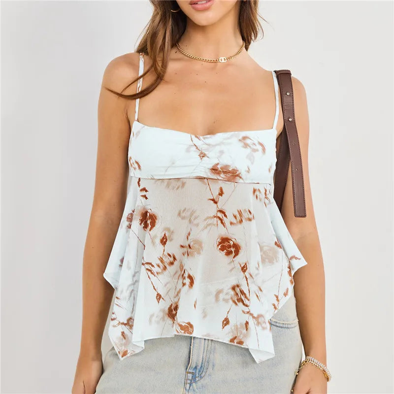 hirigin Summer Boho Tank Tops for Women Beach Vacation Floral Print Cami Shirts Y2k Fashion Flowy Ruffle Vest Mesh Chiffon Tops