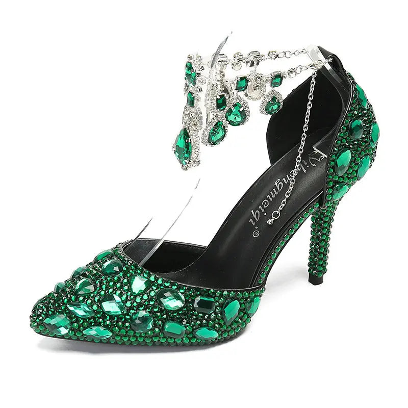 2025 Spring And Autumn New Women'S Shoes Pointed High Heels Crystal Diamond Chain Wedding Shoes Banquet Women'S Single Pumps