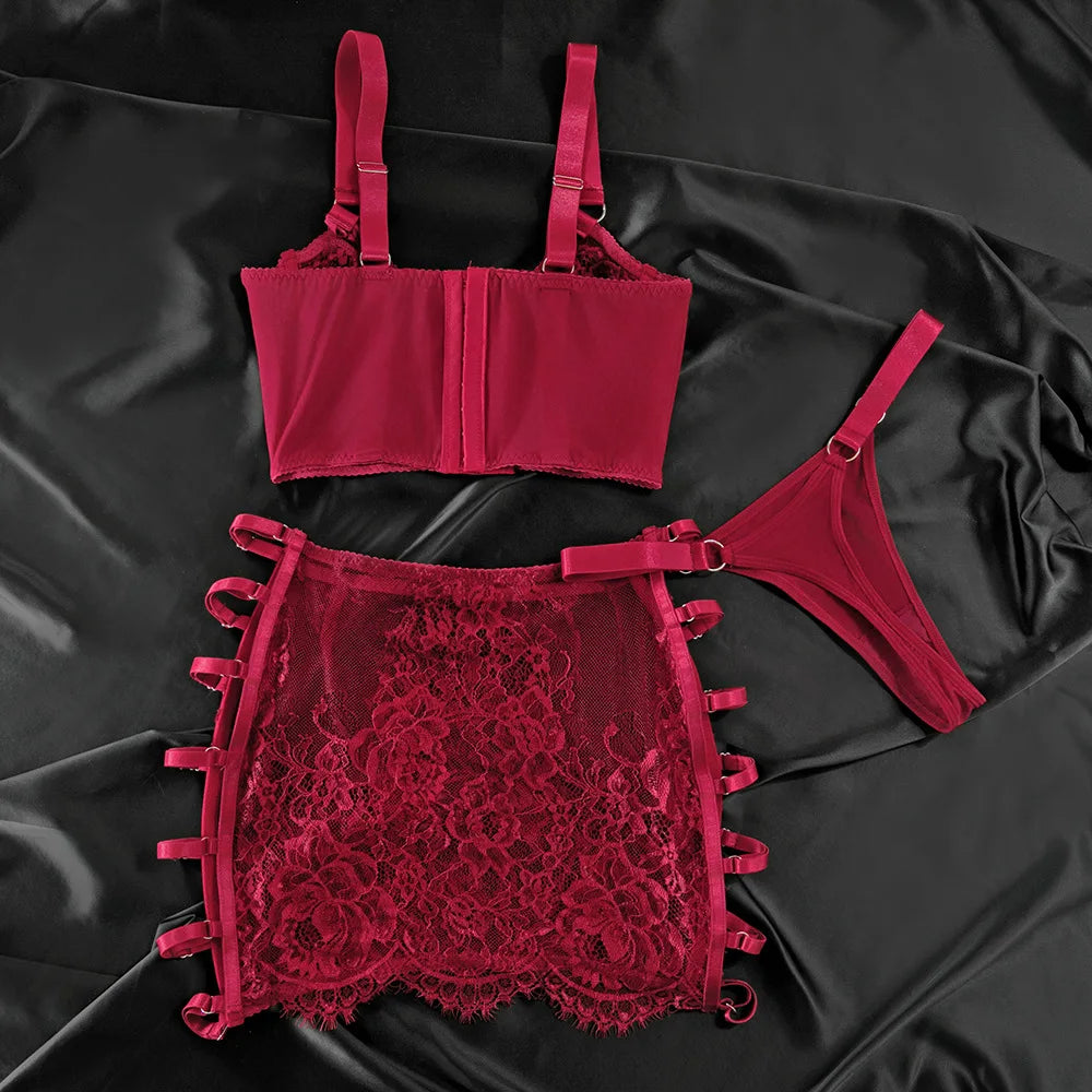 Severine Lace Longline Bra & Buckle-Strap Mini Skirt Lingerie Set