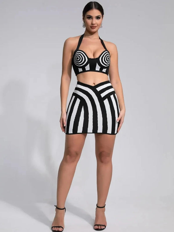Dagmar Striped Jacquard Bandage Halter Crop Top & Bodycon Mini Skirt Two-piece