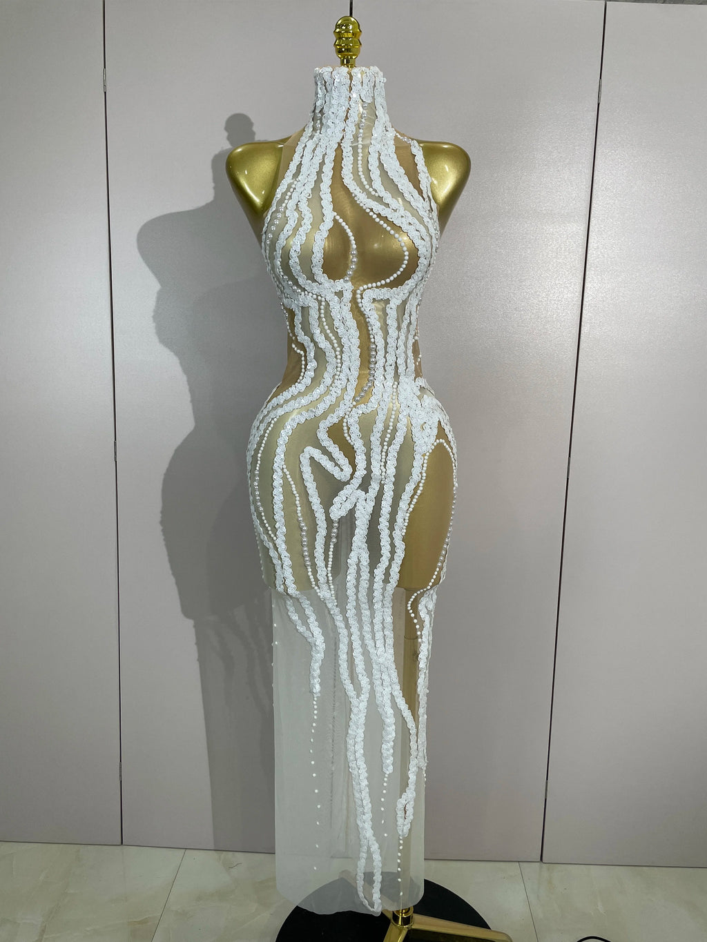Opaline Pearl-Sequin Sheer Mesh Maxi Dress