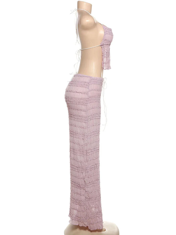 Oksana Sheer Crinkle Mesh Halter Lace-Up Crop Top & Maxi Skirt Two-piece