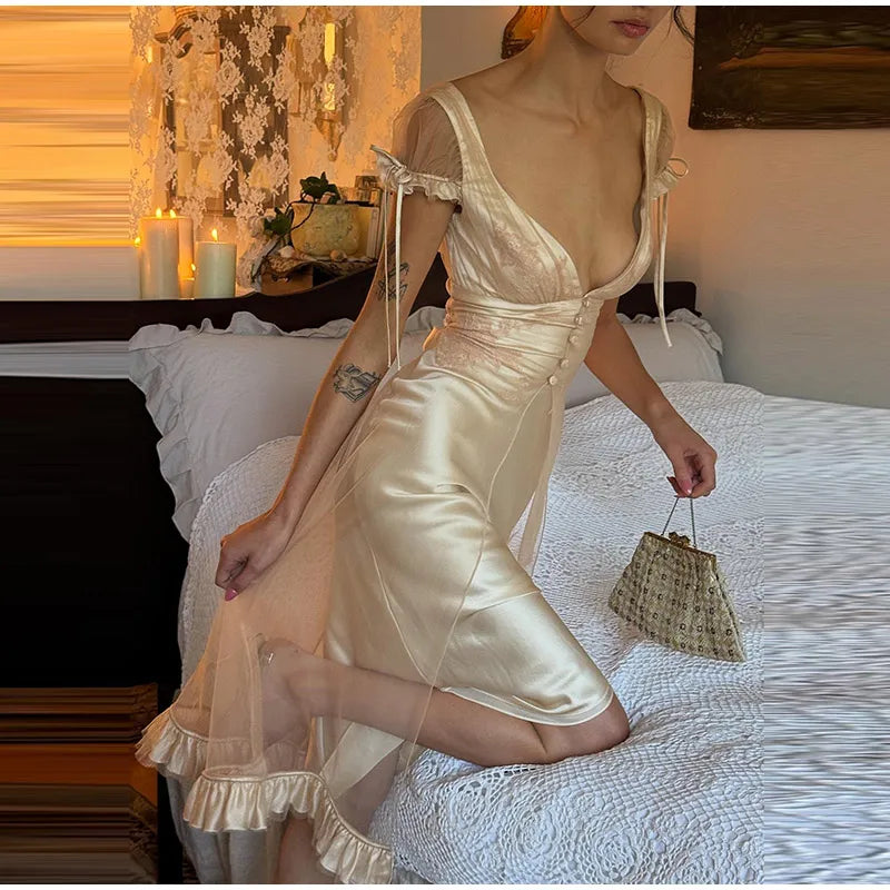 Demi Mesh Satin Tie-Strap Midi Dress