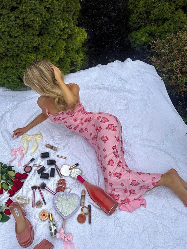 Rosabel Pink Floral Cowl-Neck Cami Slip Maxi Dress