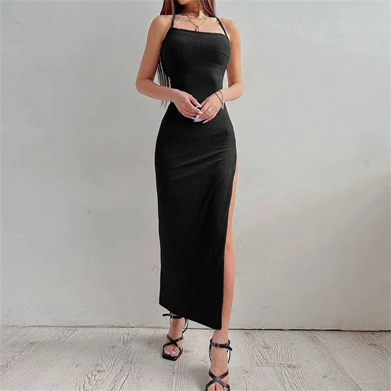 Aria Noir Side-Lace Ribbed Maxi Dress