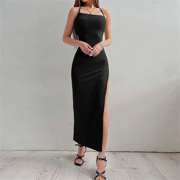 Aria Noir Side-Lace Ribbed Maxi Dress