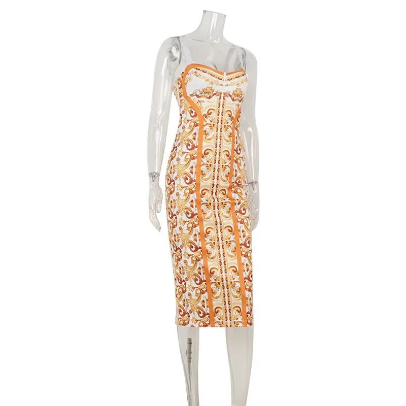 Valencia Baroque-Print Bodycon Midi Dress