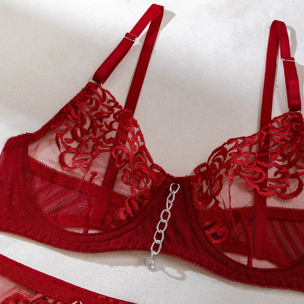 Oriane Floral Embroidered Chain-Trim Garter Lingerie Set