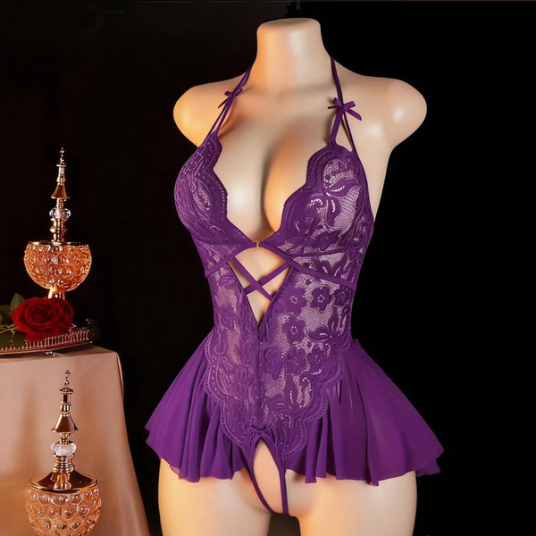 Clotilde Floral Lace Halter Peplum Lingerie Teddy