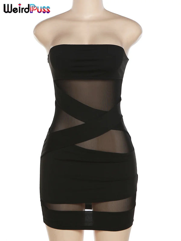 Aria Noir Strapless Sheer Mesh Bodycon Mini Dress