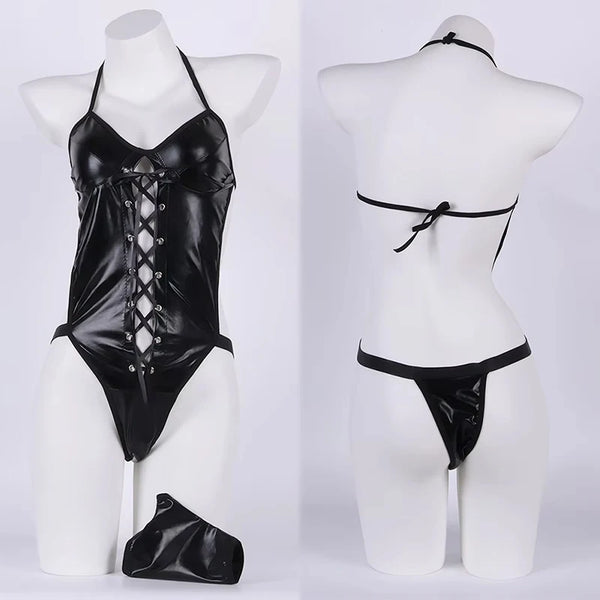 Latex Leather Underwear Women Hollow Bra Set Erotic Costumes Backless V Neck Baby Doll Dress Plus Size Corsets Sexy Lingerie Set