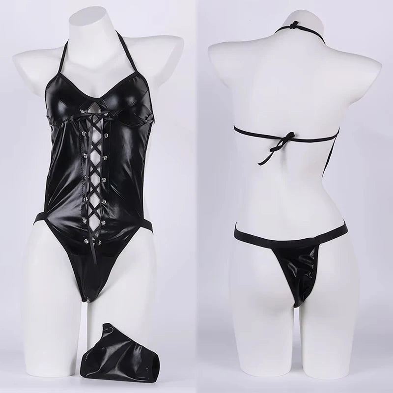 Ximena Faux-Leather Lace-Up Plunge Lingerie Teddy Bodysuit with Gloves One-piece